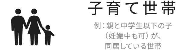 子育て世帯 例：親と中学生以下の子（妊娠中も可）が、同居している世帯